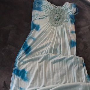 Tie-dye blue maxi dress w/ embroidery (strapless)